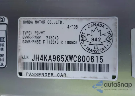 1998 Acura Rl 3.5 z USA, uszkodzony, nr VIN JH4KA965XWC800615